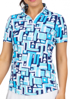 Ibkul Ladies Jennifer Print Short Sleeve Mock Neck Golf Shirts - Turquoise/Navy
