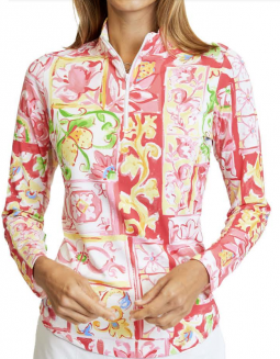 Gottex (G Lifestyle) Ladies & Plus Size MAJORCA Print L/S Zip Mock Golf Sun Shirts - Coral Multi