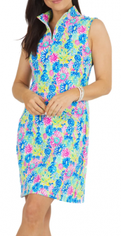 Ibkul Ladies Lilli Print Sleeveless Mock Golf Dress - Hot Pink Multi