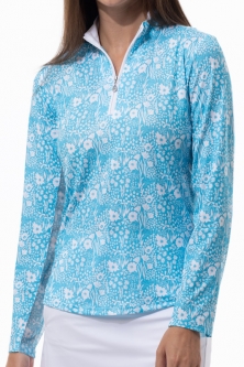SPECIAL SanSoleil Ladies SolCool Print Long Sleeve Zip Mock Golf Sun Shirts - Daphne Caribbean