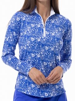 SanSoleil Ladies SolCool Print Long Sleeve Zip Mock Golf Sun Shirts - Daphne Cobalt