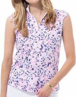 SanSoleil Ladies SolCool Sleeveless Print Zip Mock Golf Shirts - Island Paisley Pink