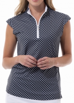 SPECIAL SanSoleil Ladies SolCool Sleeveless Print Zip Mock Golf Shirts - Paragon Black/White