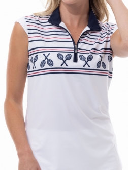 SanSoleil Ladies SolCool Sleeveless Print Zip Mock Tennis Shirts - Sidelines