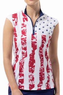 SanSoleil Ladies & Plus Size SolCool Sleeveless Print Zip Mock Golf Shirts - Stars & Stripes