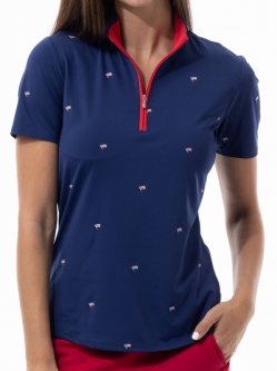 SanSoleil Ladies SolCool Short Sleeve Print Zip Mock Golf Shirts - Flag Day Navy