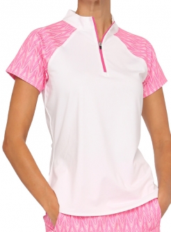 Belyn Key Ladies Sport Short Sleeve Zip Golf Shirts - LALA LAND (Chalk/Feather Print)