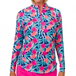 JoFit Ladies Long Sleeve UV Mock Golf Shirts - Fizzy Mimosa (Aloha Print)