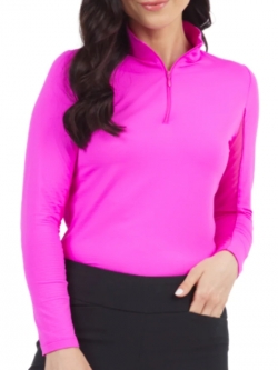 Ibkul Ladies & Plus Size Solid Long Sleeve Mock Neck Golf Shirts - Hot Pink & Black