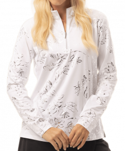 SanSoleil Ladies & Plus Size SolShine Foil Print L/S Mock Golf Sun Shirts - Botanical White/Silver