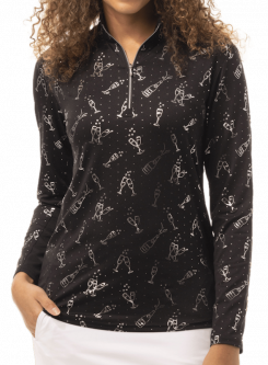 SanSoleil Ladies & Plus Size SolShine Foil Print L/S Mock Golf Sun Shirts - Cheers Black/Silver