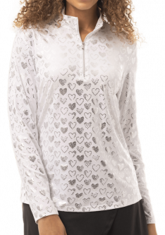 SanSoleil Ladies & Plus Size SolShine Print L/S Mock Golf Sun Shirts - Heartbreaker White/Silver