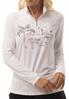 SanSoleil Ladies & Plus Size SolShine Foil Print L/S Mock Golf Sun Shirts - Silver Ridge