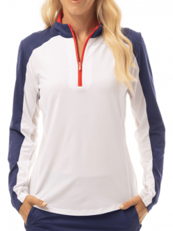 SanSoleil Ladies & Plus Size SunGlow Long Sleeve Colorblock Zip Mock Golf Shirts - White/Navy/Red