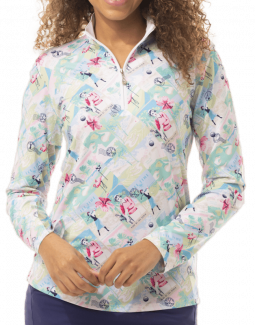 SanSoleil Ladies & Plus Size SolCool Print L/S Zip Mock Golf Sun Shirts - By The Sea
