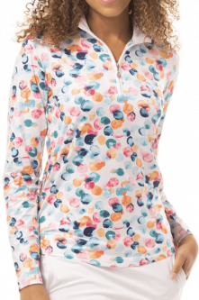 SanSoleil Ladies & Plus Size SolCool Print L/S Zip Mock Golf Sun Shirts - Full Circle Multi