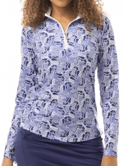 SanSoleil Ladies & Plus Size SolCool Print L/S Zip Mock Golf Sun Shirts - Horsin Around Blue