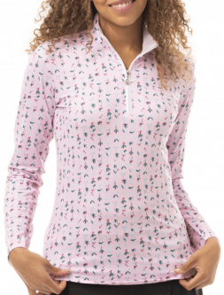 SanSoleil Ladies & Plus Size SolCool Print L/S Zip Mock Golf Sun Shirts - Mistletoe Martini Pink