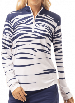 SanSoleil Ladies & Plus Size SolCool Print L/S Zip Mock Golf Sun Shirts - Wildside Navy