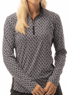 SanSoleil Ladies & Plus Size SolCool Print L/S Zip Mock Golf Sun Shirts - Chopsticks Black