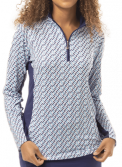 SanSoleil Ladies & Plus Size SolCool Print L/S Zip Mock Golf Sun Shirts - Chopsticks Caribbean
