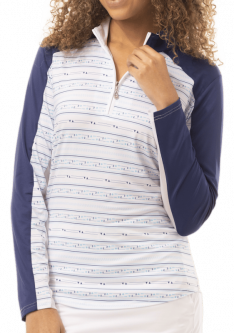 SanSoleil Ladies & Plus Size SolCool Trim Long Sleeve Zip Mock Golf Sun Shirts - Lineup Navy