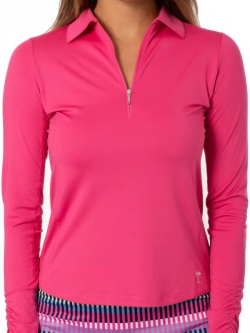 Golftini Ladies & Plus Size Long Sleeve Zip Golf Polo Shirts - Hot Pink & Navy
