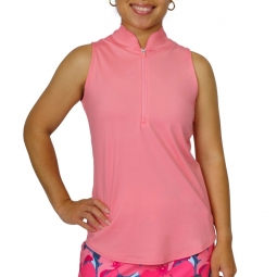 JoFit Ladies & Plus Size Cutaway Scallop Sleeveless Mock Golf Shirts - Sherbet Punch (Salmon Rose)