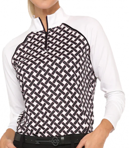 Belyn Key Ladies Piped Shade Raglan Long Sleeve Print Golf Polo Shirts - MAMA MIA (Trellis Print)