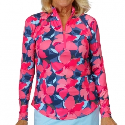 JoFit Ladies & Plus Size Long Sleeve UV Mock Golf Shirts - Sherbet Punch (Blooms Print)