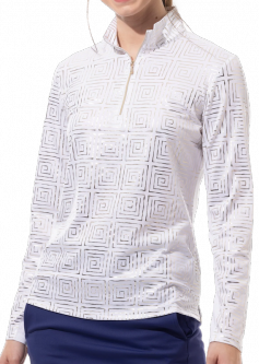SanSoleil Ladies & Plus Size SolShine Print L/S Mock Golf Sun Shirts - Infinity White/Gold
