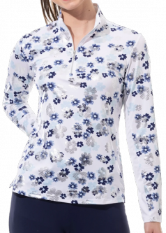 SanSoleil Ladies SolShine Print L/S Mock Golf Sun Shirts - Maisy Navy/Silver