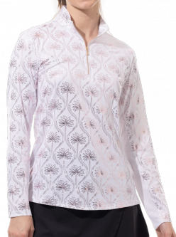 SanSoleil Ladies & Plus Size SolShine Print L/S Mock Golf Sun Shirts - Mirage White/Rose Gold