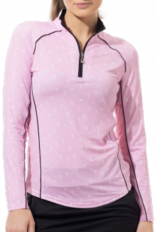 SanSoleil Ladies & Plus Size SolCool L/S Zip Mock with Piping Golf Sun Shirts - A Putt Above Pink