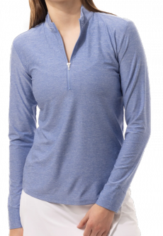 SanSoleil Ladies & Plus Size SolTek ICE L/S Solid Melange Mock Golf Sun Shirts - Pacific