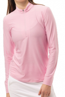 SanSoleil Ladies & Plus Size SolTek ICE L/S Solid Melange Mock Golf Sun Shirts - Rose Quartz