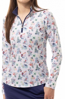 SanSoleil Ladies & Plus Size SOLCOOL Print L/S Zip Mock Golf Sun Shirts - Jet Set
