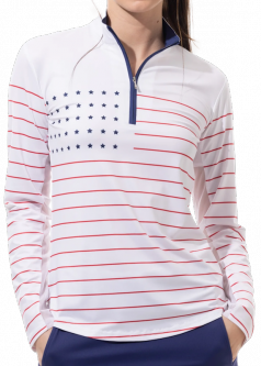 SanSoleil Ladies & Plus Size SOLCOOL Print L/S Zip Mock Golf Sun Shirts - Old Glory
