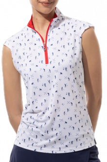 SanSoleil Ladies & Plus Size SOLCOOL Sleeveless Print Zip Mock Golf Shirts - A Putt Above Navy