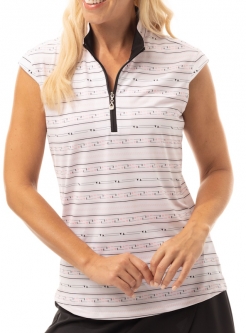 SanSoleil Ladies & Plus Size SOLCOOL Sleeveless Print Zip Mock Golf Shirts - Lineup Black