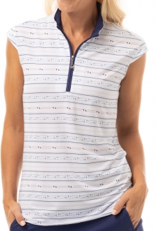 SanSoleil Ladies SOLCOOL Sleeveless Print Zip Mock Golf Shirts - Lineup Navy