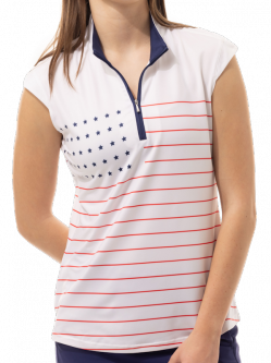 SanSoleil Ladies & Plus Size SOLCOOL Sleeveless Print Zip Mock Golf Shirts - Old Glory