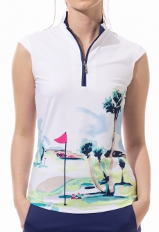 SanSoleil Ladies & Plus Size SOLCOOL Sleeveless Print Zip Mock Golf Shirts - Royal Palm