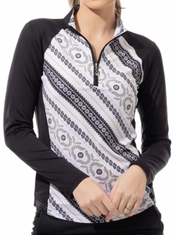 SanSoleil Ladies & Plus Size SolCool Print Long Sleeve Zip Mock Golf Sun Shirts - Destiny Black