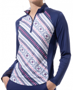 SanSoleil Ladies & Plus Size SolCool Print Long Sleeve Zip Mock Golf Sun Shirts - Destiny Navy