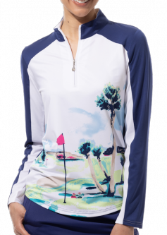 SanSoleil Ladies & Plus Size SolCool Trim Long Sleeve Zip Mock Golf Sun Shirts - Royal Palm