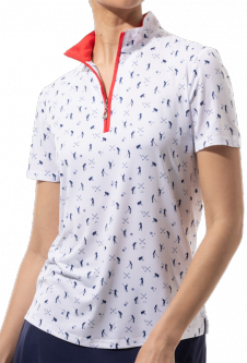SanSoleil Ladies & Plus Size SOLCOOL Short Sleeve Print Zip Mock Golf Shirts - A Putt Above Navy