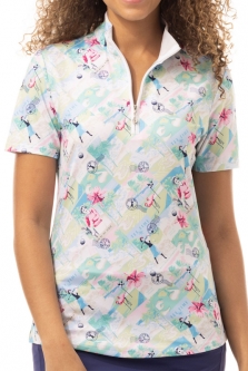 SanSoleil Ladies & Plus Size SOLCOOL Short Sleeve Print Zip Mock Golf Shirts - By The Sea