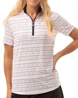 SanSoleil Ladies & Plus Size SOLCOOL Short Sleeve Print Zip Mock Golf Shirts - Lineup Black