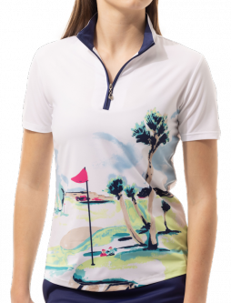 SanSoleil Ladies & Plus Size SOLCOOL Short Sleeve Print Zip Mock Golf Shirts - Royal Palm